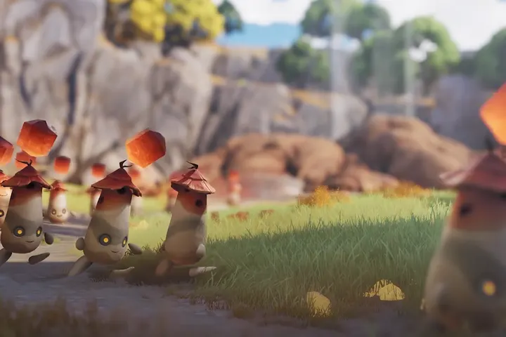 Mushroom-lantern creatures walking through a meadow
