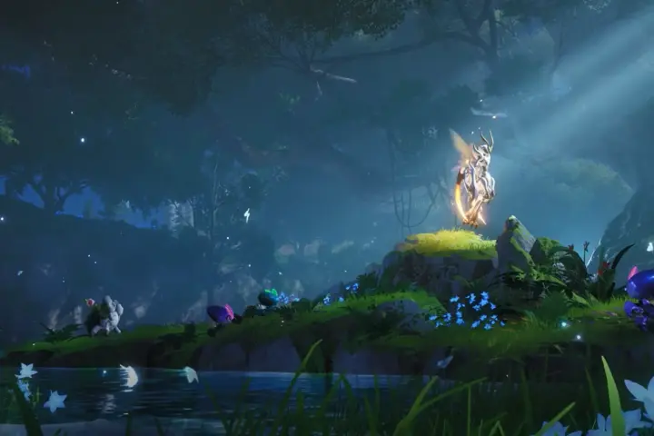 Glowing creature on a mossy rock in a moonlit Idyll forest