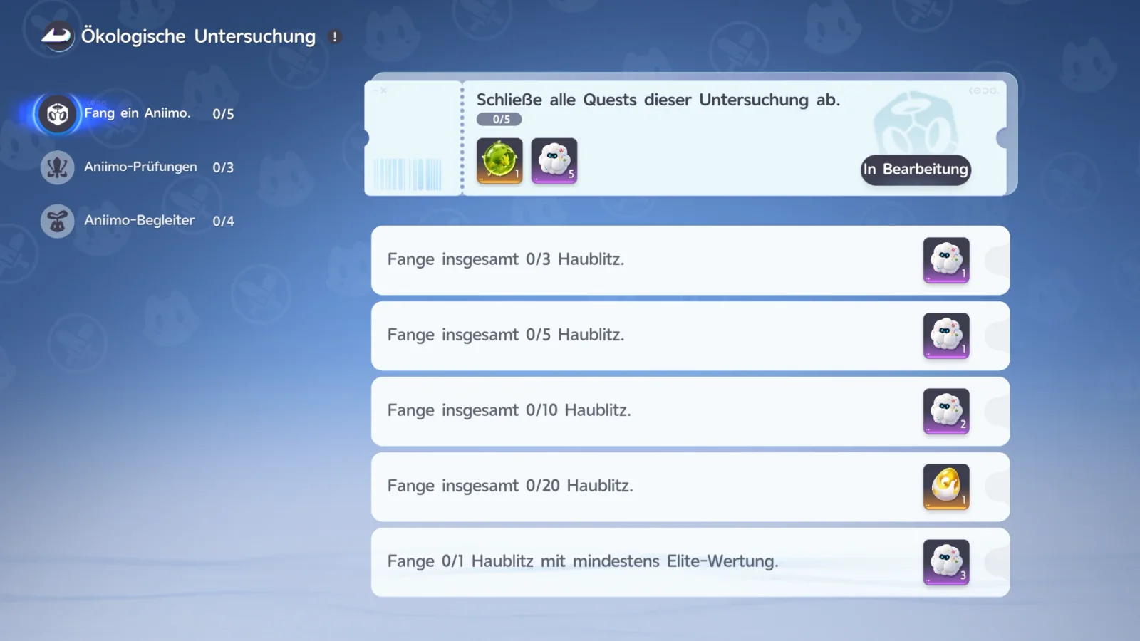 Ökologische Untersuchung: Fang ein Aniimo 0/5 mit den Aufgaben Fange insgesamt 3, 5, 10 und 20 Haublitz sowie 1 Haublitz mit mindestens Elite-Wertung, links Aniimo-Prüfungen 0/3 und Aniimo-Begleiter 0/4