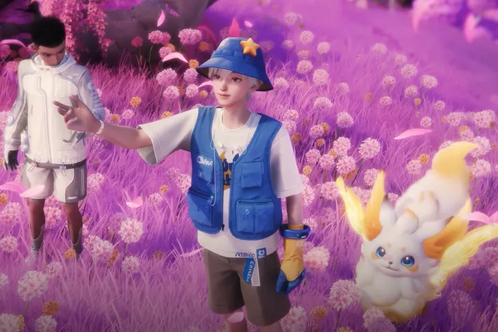 Trainers and a fluffy Aniimo in a pink flower meadow