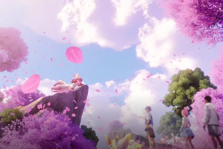 Pink blossom trees and explorers in Idyll