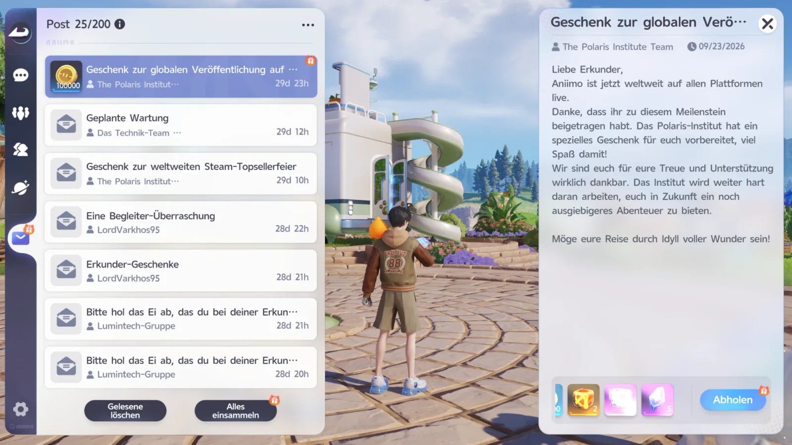 Postfach im Spiel: ausgewählte Nachricht „Geschenk zur globalen Veröffentlichung auf allen Plattformen“ von The Polaris Institute Team, 09/23/2026, mit dem Text „Aniimo ist jetzt weltweit auf allen Plattformen live. Danke, dass ihr zu diesem Meilenstein beigetragen habt.“ Unten mehrere Belohnungssymbole und die Schaltfläche Abholen