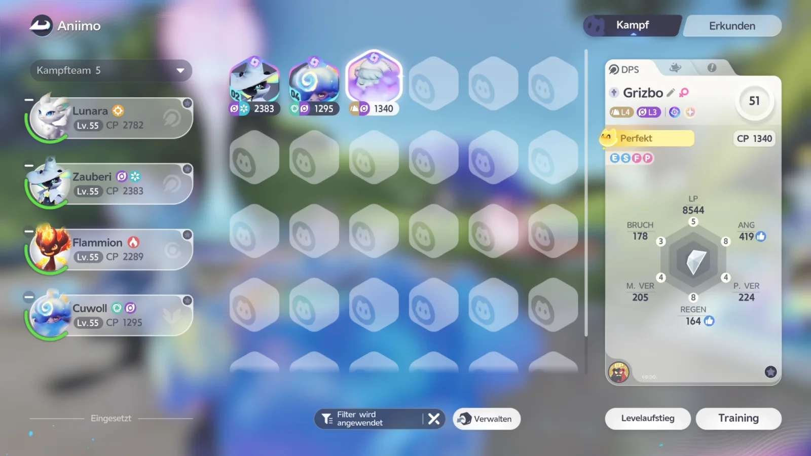Aniimo-Menü, Reiter Kampf: Prismana Grizbo Level 51, CP 1340, Rolle DPS, Potenzial-Rang Perfekt, Persönlichkeit E S F P mit LP 8544, Angriff 419 und den Potenzialwerten am Sechseck