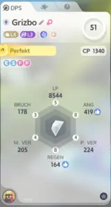Detailkarte Prismana Grizbo: Level 51, Rolle DPS, Perfekt, CP 1340, Persönlichkeit ESFP, LP 8544, Bruch 178, Angriff 419, physische Verteidigung 224, magische Verteidigung 205, Regeneration 164