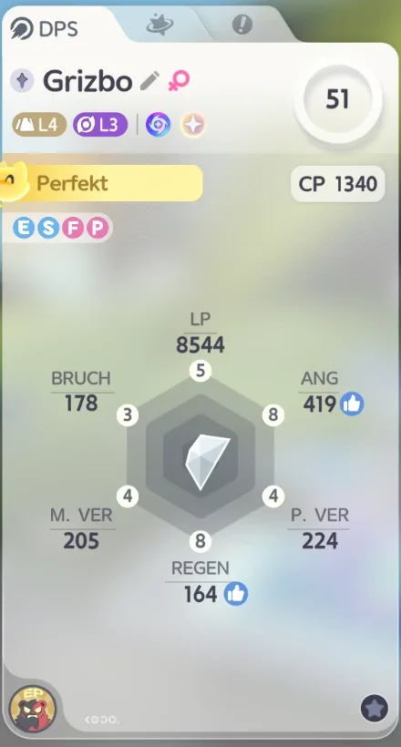 Detailkarte Prismana Grizbo: Level 51, Rolle DPS, Perfekt, CP 1340, Persönlichkeit ESFP, LP 8544, Bruch 178, Angriff 419, physische Verteidigung 224, magische Verteidigung 205, Regeneration 164