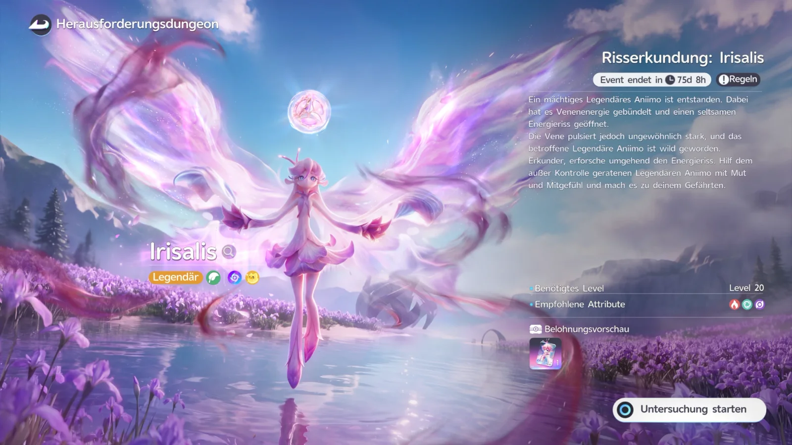 Herausforderungsdungeon Risserkundung: Irisalis: Irisalis mit riesigen Schmetterlingsflügeln über einem See mit Irisblumen, rechts Beschreibung, Event endet in 75d 8h, Benötigtes Level 20, Empfohlene Attribute mit drei Element-Symbolen, Belohnungsvorschau mit einem Item und die Schaltfläche Untersuchung starten