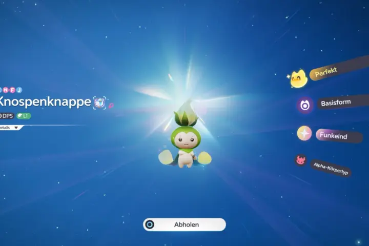 Schlüpf-Bildschirm in Aniimo: Knospenknappe mit den Labels Perfekt, Basisform, Funkelnd und Alpha-Körpertyp
