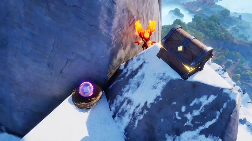 Gipfel in der Schneewehenaue: ein Nest mit einem leuchtenden violetten Ei und eine Truhe mit goldenem Zeichen auf einer verschneiten Felskante, daneben ein Feuer-Aniimo, im Hintergrund die Luftige Ebene