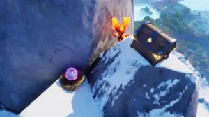 Gipfel in der Schneewehenaue: ein Nest mit einem leuchtenden violetten Ei und eine Truhe mit goldenem Zeichen auf einer verschneiten Felskante, daneben ein Feuer-Aniimo, im Hintergrund die Luftige Ebene