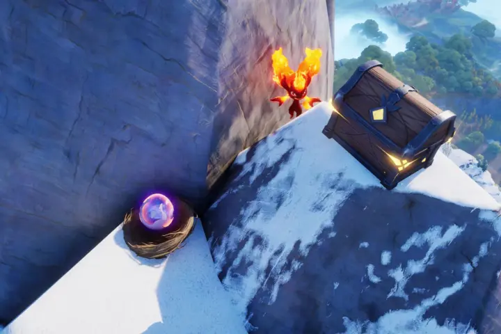 Gipfel in der Schneewehenaue: ein Nest mit einem leuchtenden violetten Ei und eine Truhe mit goldenem Zeichen auf einer verschneiten Felskante, daneben ein Feuer-Aniimo, im Hintergrund die Luftige Ebene