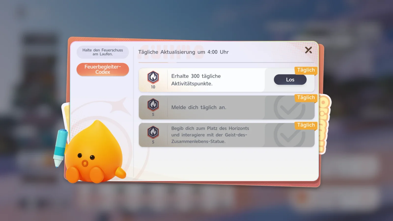 Event SPARKELF x Aniimo, Feuerbegleiter-Codex, Tägliche Aktualisierung um 4:00 Uhr: drei tägliche Aufgaben, Erhalte 300 tägliche Aktivitätspunkte (10), Melde dich täglich an (5, erledigt) und Begib dich zum Platz des Horizonts und interagiere mit der Geist-des-Zusammenlebens-Statue (5, erledigt), dazu ein orangefarbenes Tropfen-Maskottchen