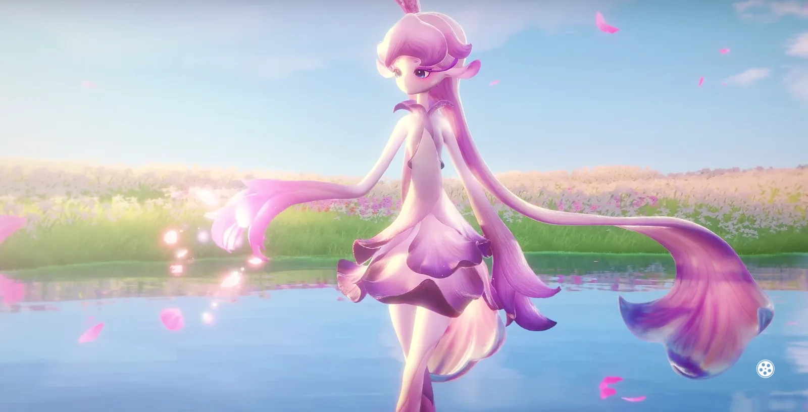 Story-Sequenz: Irelia steht in einem flachen See vor einer Blumenwiese, rosa Blütenblätter wehen