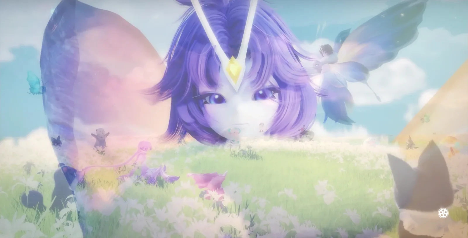 Story-Sequenz: ein riesiges Gesicht mit violettem Haar und gelbem Diadem über einer Blumenwiese mit vielen kleinen Aniimo