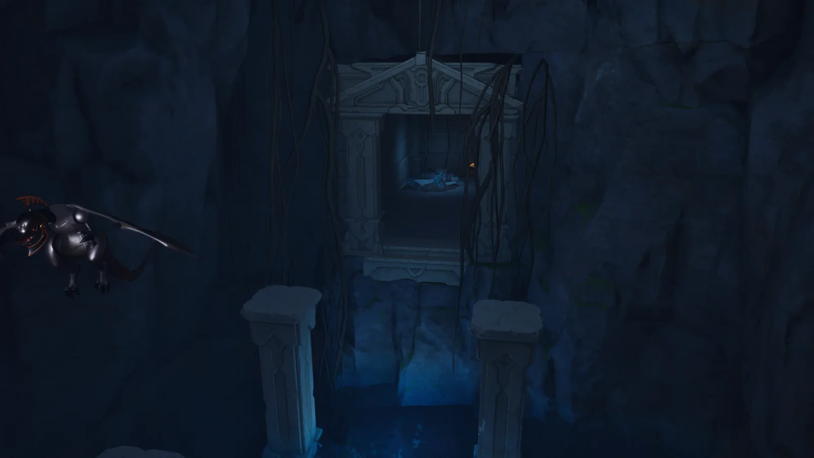 Dunkle blaue Höhle: In der Felswand oben ein steinerner Torrahmen mit hängenden Wurzeln und einem Raum mit blauen Kristallen dahinter, vorn zwei Säulen, links ein dunkles Flugtier