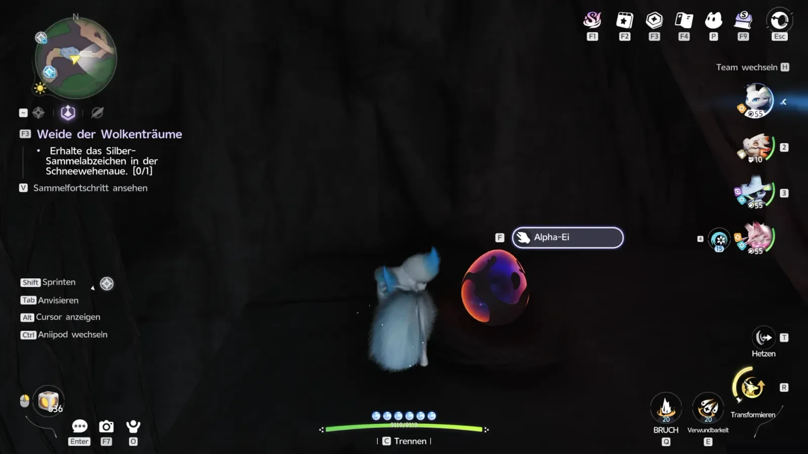 Dunkle Höhle: Der Spieler steht vor einem Nest mit einem dunklen Ei mit rot-blauem Glanz, die Einblendung lautet Alpha-Ei, oben links die Minimap mit dem Teleport