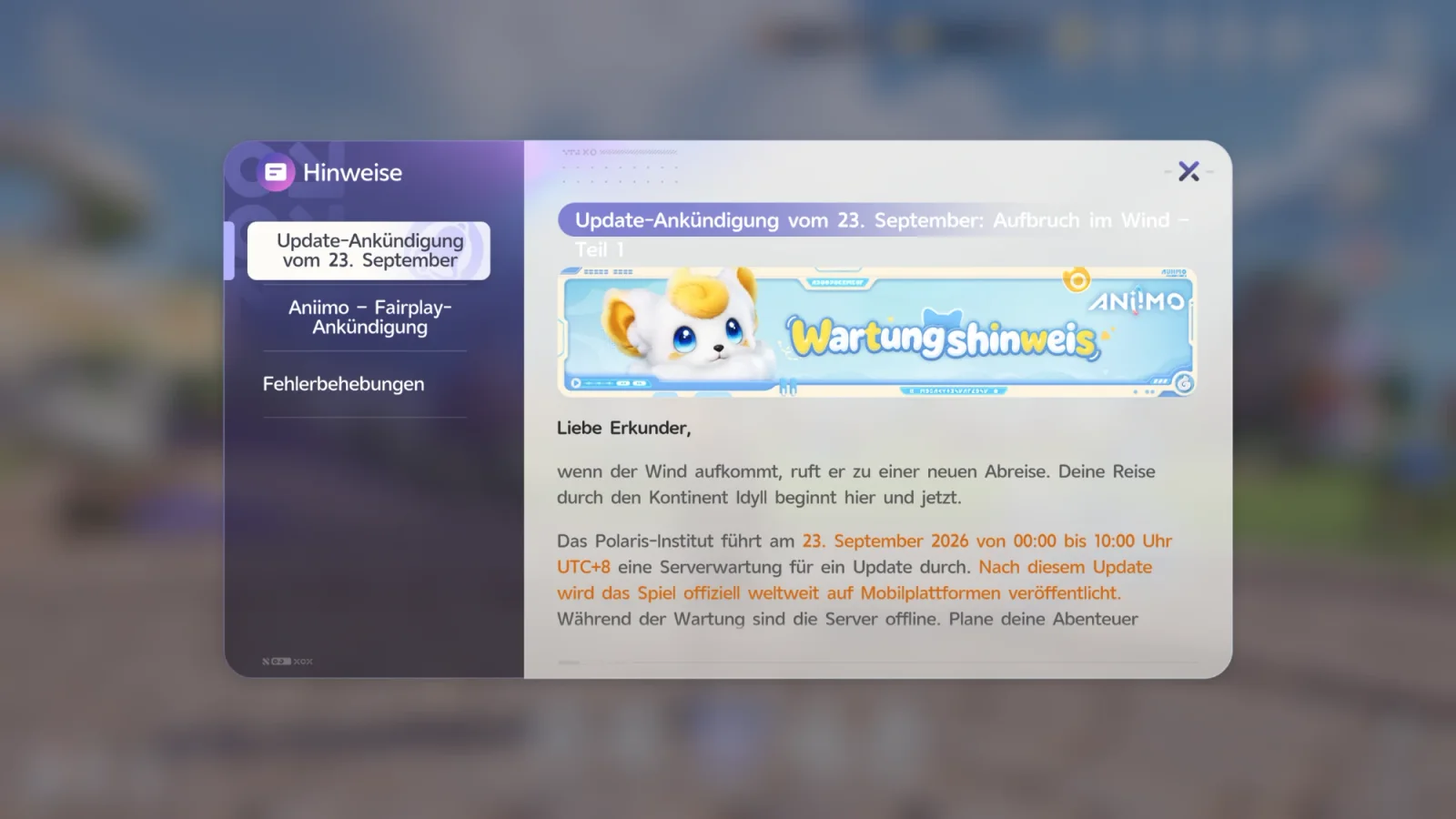 Ankündigungsfenster „Hinweise“ im Spiel: Update-Ankündigung vom 23. September, „Aufbruch im Wind – Teil 1“, mit Wartungshinweis-Banner und dem Text „Das Polaris-Institut führt am 23. September 2026 von 00:00 bis 10:00 Uhr UTC+8 eine Serverwartung für ein Update durch. Nach diesem Update wird das Spiel offiziell weltweit auf Mobilplattformen veröffentlicht.“