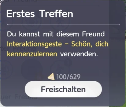 Hinweisfenster Erstes Treffen: Interaktionsgeste Schön, dich kennenzulernen, Kosten 100 von 629, Schaltfläche Freischalten