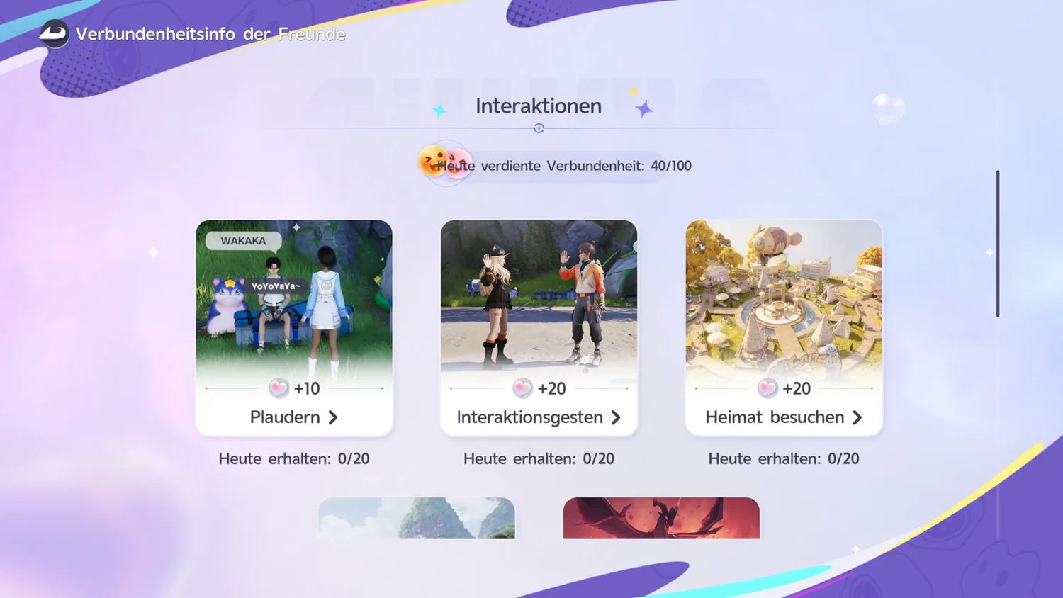 Verbundenheitsinfo, Interaktionen: Plaudern plus 10, Interaktionsgesten plus 20 und Heimat besuchen plus 20, heute erhalten jeweils 0 von 20, heute verdiente Verbundenheit 40 von 100