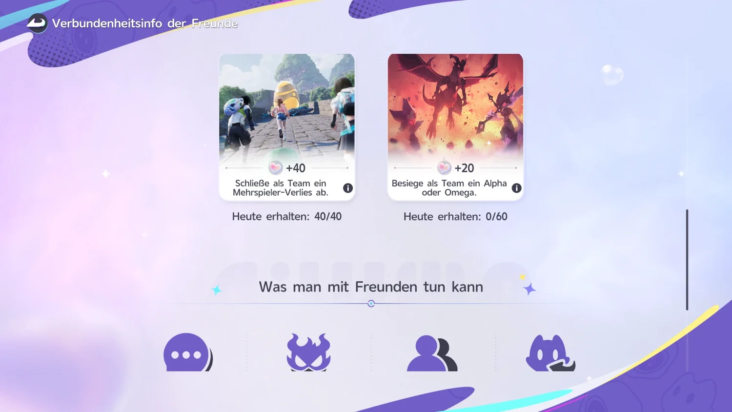 Verbundenheitsinfo: Als Team ein Mehrspieler-Verlies abschließen plus 40 (40 von 40) und als Team einen Alpha oder Omega besiegen plus 20 (0 von 60)