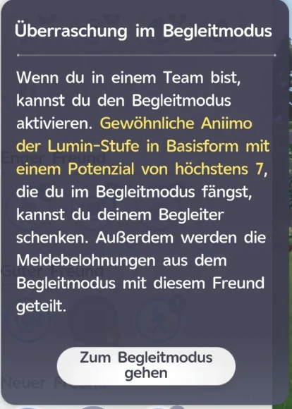 Hinweisfenster Überraschung im Begleitmodus: gewöhnliche Aniimo der Lumin-Stufe in Basisform mit Potenzial von höchstens 7 können dem Begleiter geschenkt werden