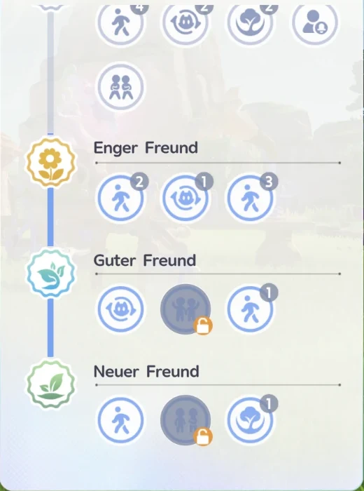 Verbundenheitsstufen im Freundesbaum: Enger Freund, Guter Freund und Neuer Freund mit freischaltbaren Symbolen, einige gesperrt