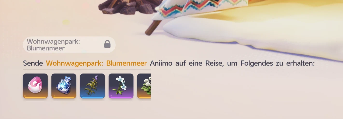 Wohnwagenpark Blumenmeer (gesperrt): Sende Aniimo auf eine Reise, um ein rosa Ei, ein blau verpacktes Item, eine Pflanze, eine weiße Lilie und weiße Blüten zu erhalten