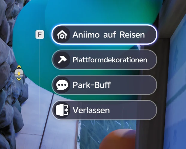 Interaktionsmenü am Wohnwagenpark mit den Einträgen Aniimo auf Reisen, Plattformdekorationen, Park-Buff und Verlassen, links die Taste F