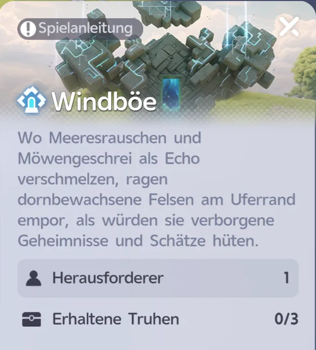 Info-Fenster des Heiligtums Windböe mit Herausforderer 1 und erhaltenen Truhen 0/3