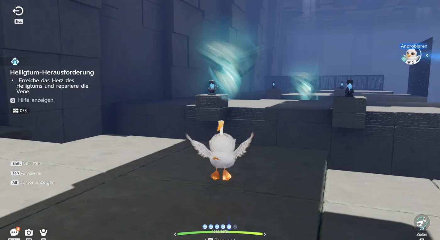 Zwei blaue Wind-Tornados über Steinblöcken in einer dunklen Heiligtumshalle